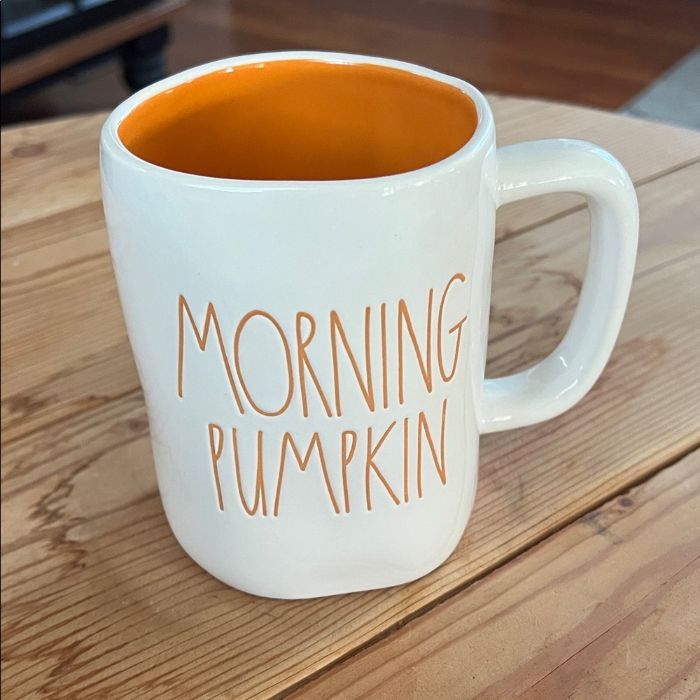 Rae Dunn White Ceramic Mug with Orange Interior and Script
